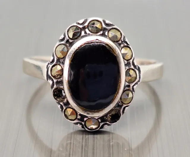 Vintage 925 Sterling Silver Art Deco Onyx and Marcasite Ring, Size Q