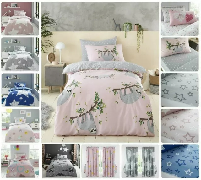 Kids Duvet Cover Pillow Case Fitted Sheet Matching Curtains Children Bedding Set