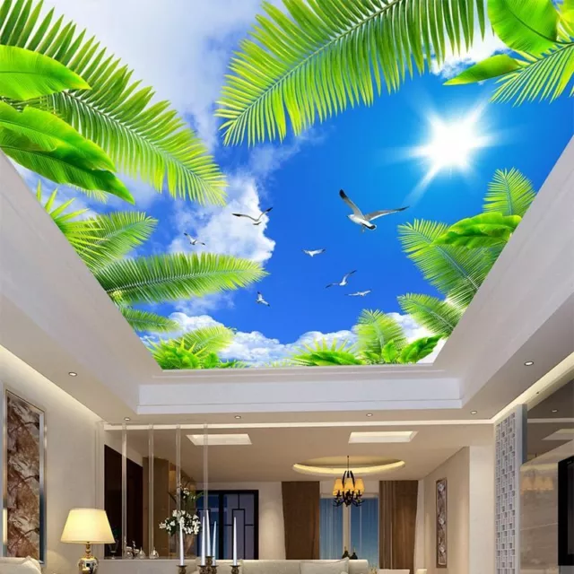 3D Ceiling Mural Wallpaper Living Room Wall Decor Blue Sky White Clouds Beach