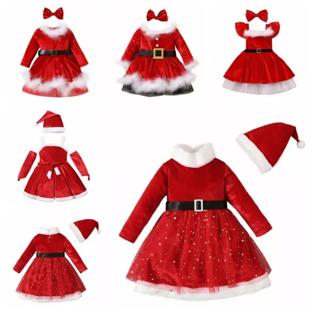 Toddler Girls Christmas Velvet Dress Outfit Santa Claus Party Fancy Dress Up Set