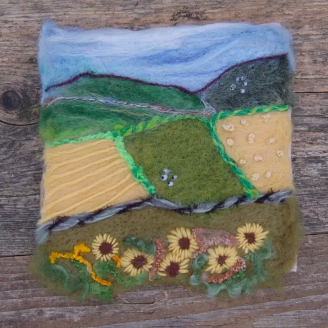 Framed Needle Felted Picture with hand stitched daisies - Sunflower Landscape