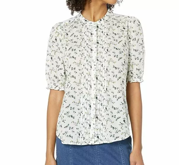 Lucky Brand Womens M White Floral Dakota Ruffle Sleeve Button Down Top NWT