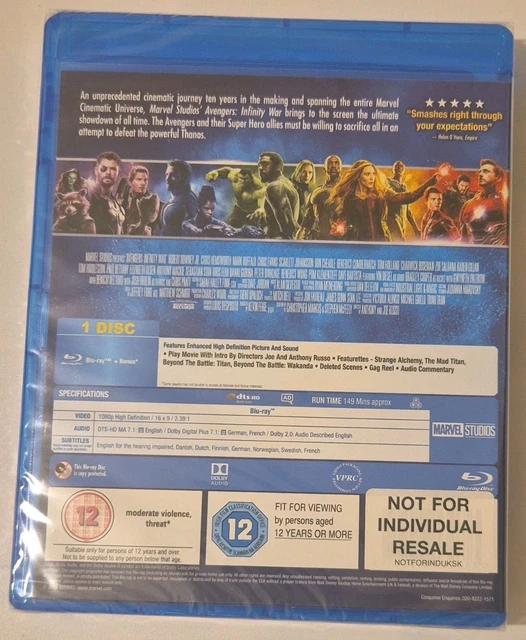 Picclick.com MARVEL STUDIOS AVENGERS: Infinity War Blu-ray (12A/12) £2.98 - PicClick UK