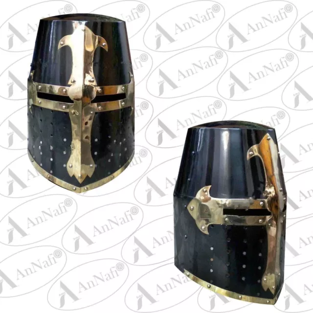 Medieval Crusader Templar Knight Helmet Black Finish Brass Design