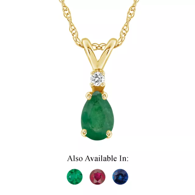 14K Yellow Gold 6x4mm Pear Shape Natural Emerald Diamond Accent Pendant Necklace