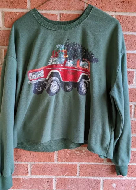 Ford Bronco Womens Christmas Tree Cropped Green Crewneck Sweatshirt Sz M