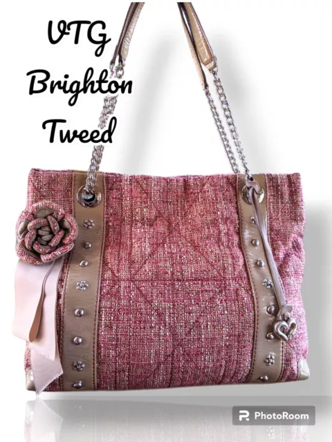 BRIGHTON VINTAGE Tweed Studded Patent Leather Satchel Chain Strap Bow Purse RARE