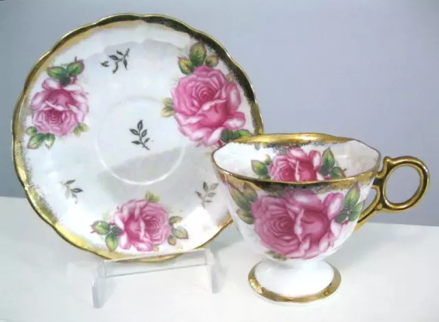 ROYAL HALSEY Tea Cup & Saucer Luster Gold Pink Cabbage Roses Pedestal Teacup