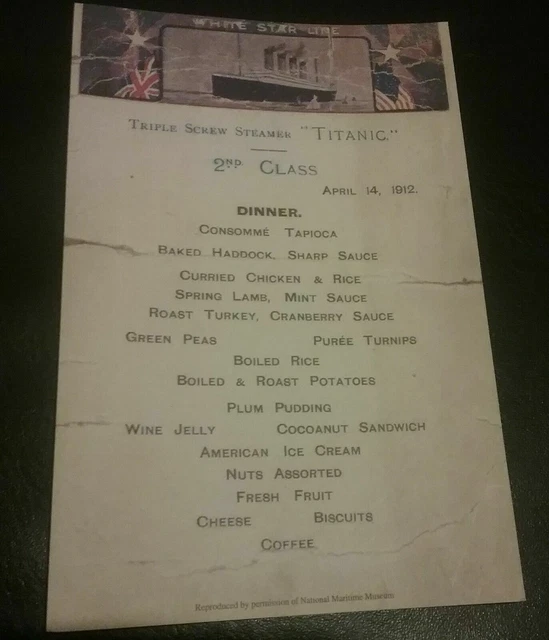 1912 TITANIC 2ND CLASS DINNER MENU *Reproduction* CHECKOUT MY AUCTION ...