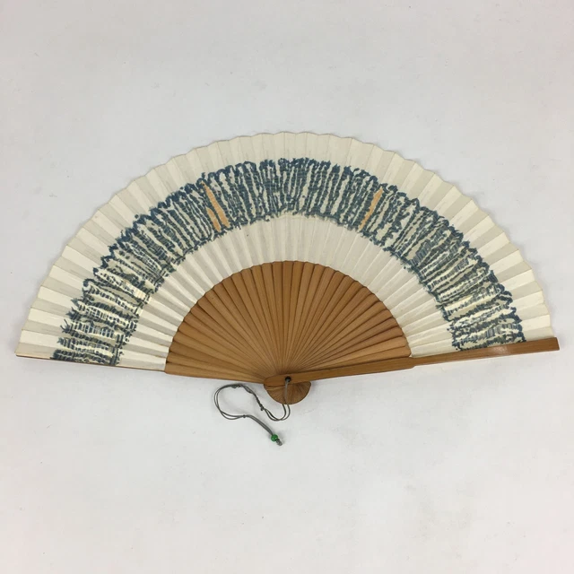 Japanese Folding Fan Vtg Sensu Bamboo Frame Paper White Blue 4D565