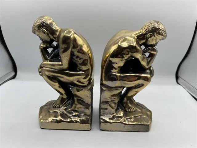 Vintage Mid Century Brass Plate Rodin's The Thinker 7" Bookends Set C 1928