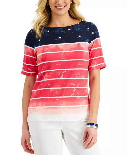 MSRP $20 Karen Scott Womens Watercolor-Flag Boatneck Top Red Size Small NWOT