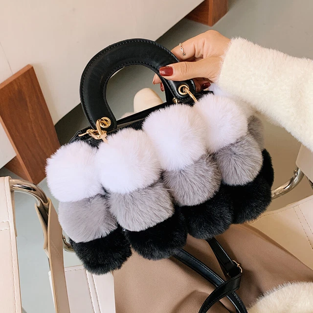 Womens Faux Fur Pompom Ball Bag Handbag Furry Fluffy Sweet Kawaii Gifts Fashion