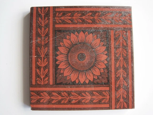 ANTIQUE VICTORIAN MINTON HOLLINS 6" BLACK / RED SUNFLOWER WALL TILE c1870-95