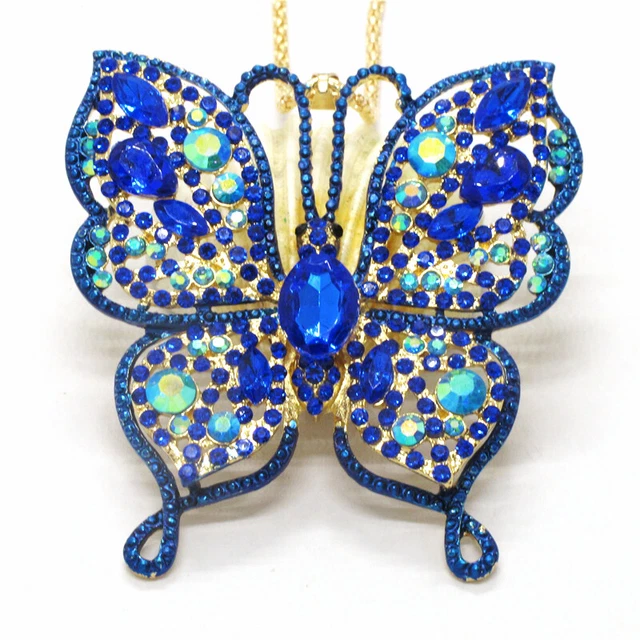 Hot Blue AB Bling Butterfly Crystal Betsey Johnson Pendant Women Chain Necklace