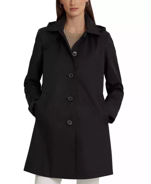 NWOT LAUREN RALPH LAUREN Women's Hooded Single-Breasted A-Line Black Raincoat L