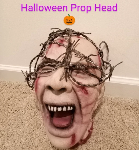 HALLOWEEN HEAD Severed Screaming Zombie Head Barbed Wire Horror Prop Decor