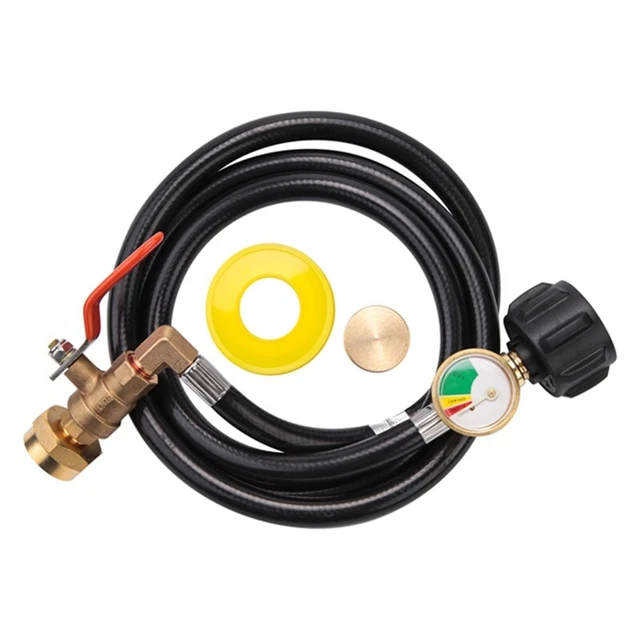Conecta la manguera de gas con medidor y control de encendido/apagado para tanque de gas propano E8I2 de 1 lb