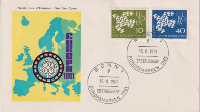 BRD FDC MiNr 367x-368x (2fc) Europa (CEPT) 1961 Vereinigung-Gemeinschaft-Politik