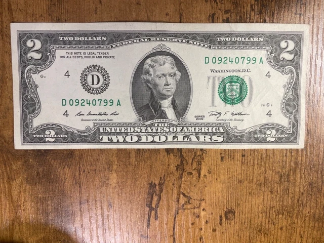 Uncirculated 2009 Series G, $2 bill two dollar bank note Federal Reserve USA