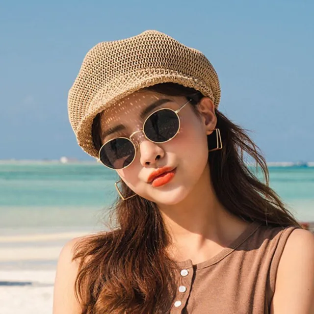 Women Octagonal Straw Beret Cap Summer Newsboy Painter Gatsby Breathable Sun Hat