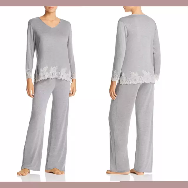 NWT $170 2PC Natori [ XL ] Luxe Shangri-La Pencel Lace Trim Pajamas Grey #U523