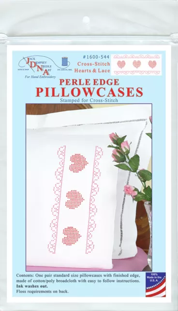 Jack Dempsey Stamped Pillowcases W/White Perle Edge 2/Pkg-Cross-Stitch Hearts &