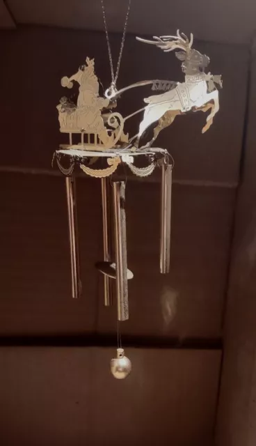 Vtg Gold Tone Lazer Cut Santa Sleigh Reindeer Windchime Christmas Ornament