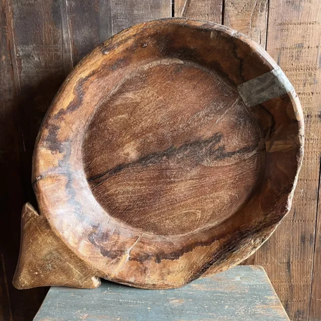 Antique Wooden Dough Bowl - Huge 23” Vintage Wooden Dish - Rustic Carved Bowl