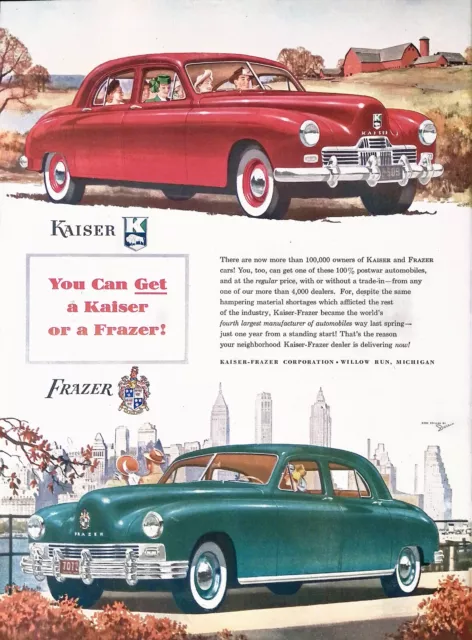 Vintage Print Ad 1947 Kaiser-Frazer Red Green Cars Willow Run Michigan