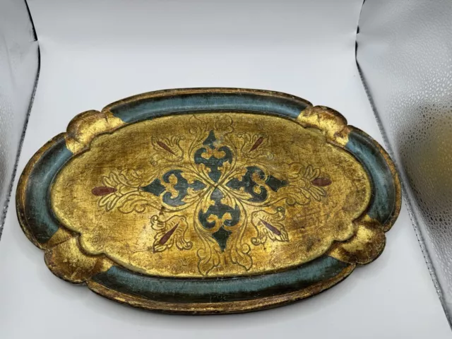 Vintage Italian Florentine Gilded Blue Gold Gilt Ornate Oval Wood Tray