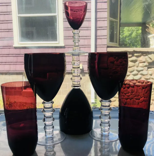 1980 Art Deco Purple Wine Glass Wafer Stem Skinny Narrow Bottom Highball Glass-6