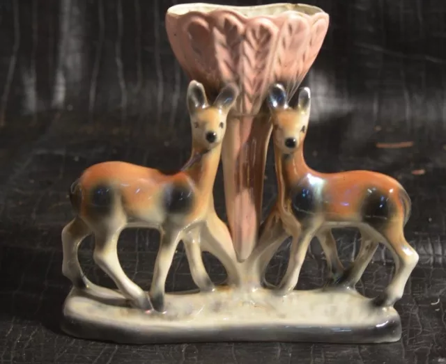 Ancien Grand Vase Avec Deux Biche Barbotine En Ceramique Porcelaine Pas Biscuit