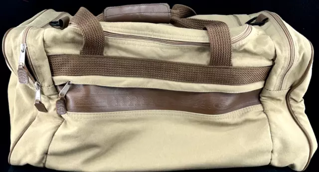Vtg Ford Eddie Bauer Brown Canvas Leather Travel Handle Luggage Duffle Bag