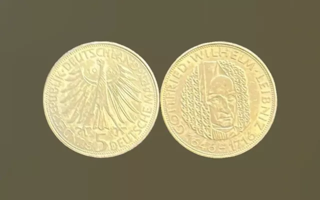 5 DM Silbermünze Gedenkmünze Gottfried Wilhelm Leibniz 1966 D