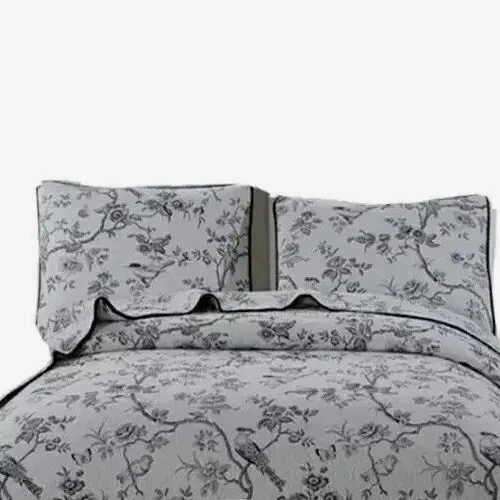 French Country Full Queen Quilt & 2 Pillow Shams Birds Black White 3 piece set
