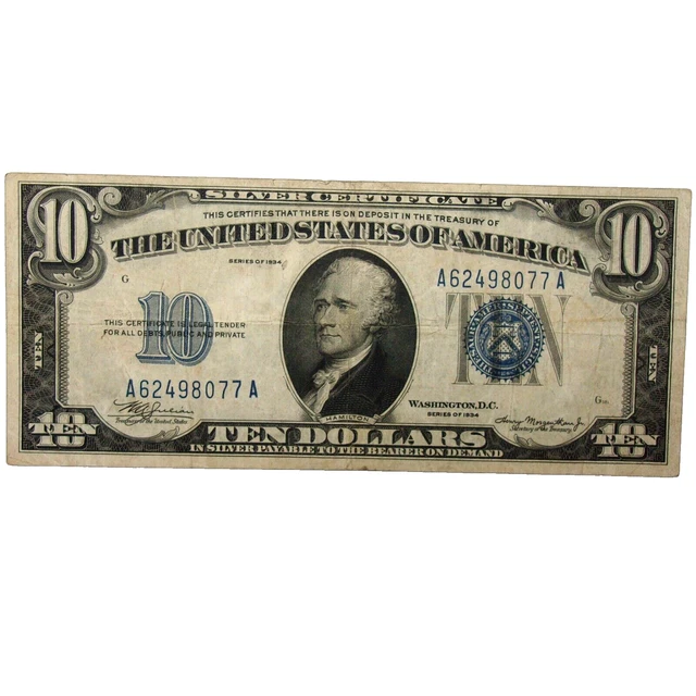 1934 Series TEN DOLLAR SILVER CERTIFICATE $10.00 U.S. Bank Note *BLUE SEAL MULE*