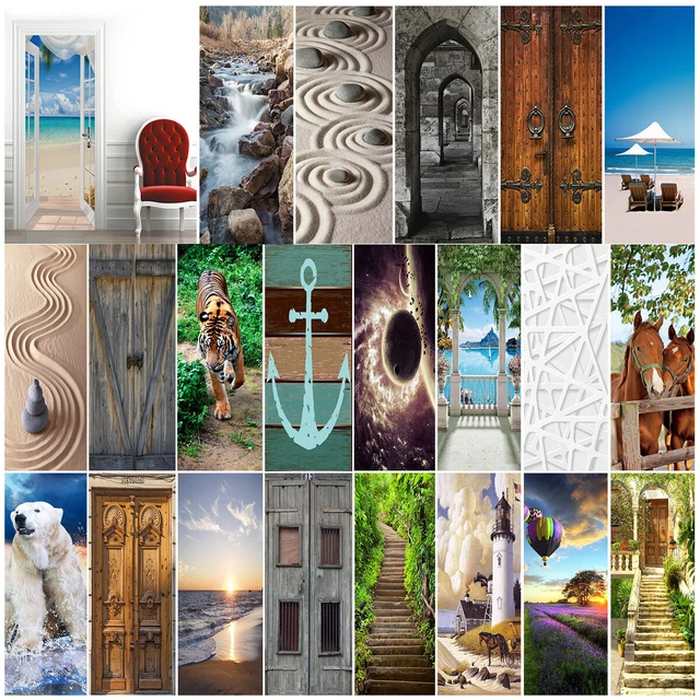 3D Wall Art Beach Rustic Retro Door Sticker PVC Decal Self-adhesive Wrap Mural