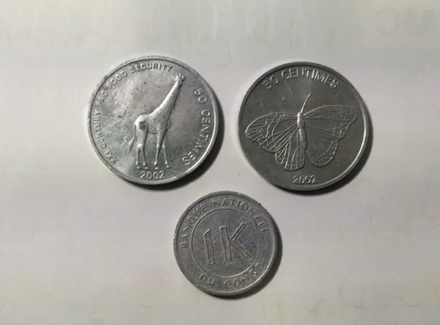 Democratic Republic Congo 3 aluminium coins 1 Likuta & 2 different 50 Centimes