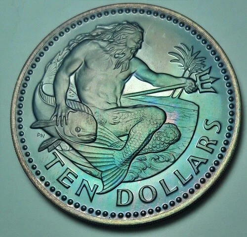 1976 Barbados  Silver Proof Ten Dollars Bu Unc Color Toned Coin