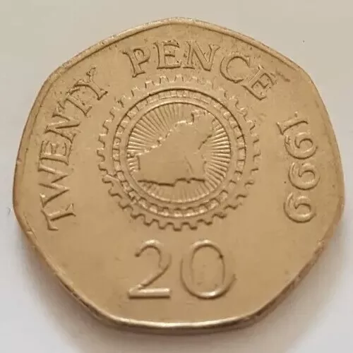 1999 Bailiwick of Guernsey Island map within cogwheel Twenty Pence 20p coin