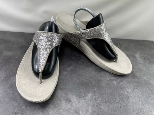 FitFlop GlitterBall Womens Shoes Silver 11M Toe Thong Slip on Platform Sandals