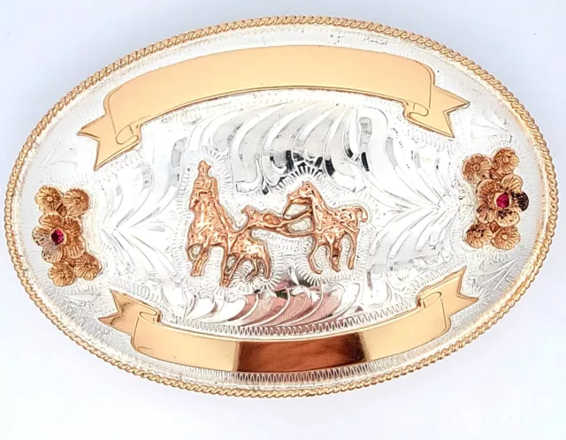 Justin Large Silver & Gold Mexico Rodeo Bronc Riding Belt Buckle New with Rubies