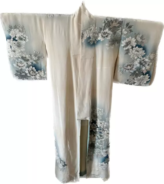 Kimono Giapponese In Seta Vintage Fatto A Mano Nuovo E Inutilizzato, Colore Bianco, Fiori