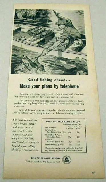1957 Print Ad Bell Telephone System Fisherman in Boat Catches Fish