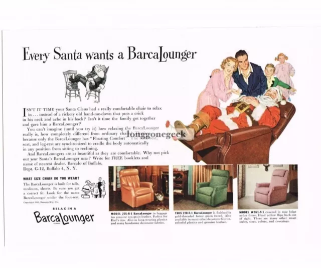 1955 Barcalounger Recliner Christmas Santa Claus Furniture art Vintage Print Ad