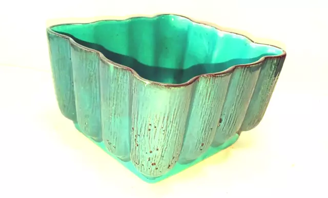 Vtg Aborn G5 Calif. MCM 5.75" Scalloped Flower Pot Turquoise Tree Bark Texture