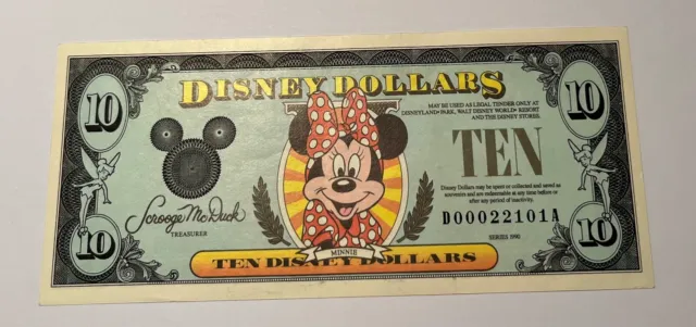 DIS#20 $10 1990 Minnie Disney Dollars, Low Serial Number, Uncirculated