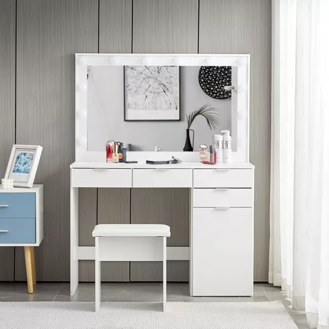 Large White Dressing Table Stool Set with LED Light Mirror Vanity Make up Desk 2