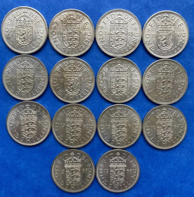 A Full Set of Elizabeth II English shillings - 1953 to 1966 inclusive - 14 coins